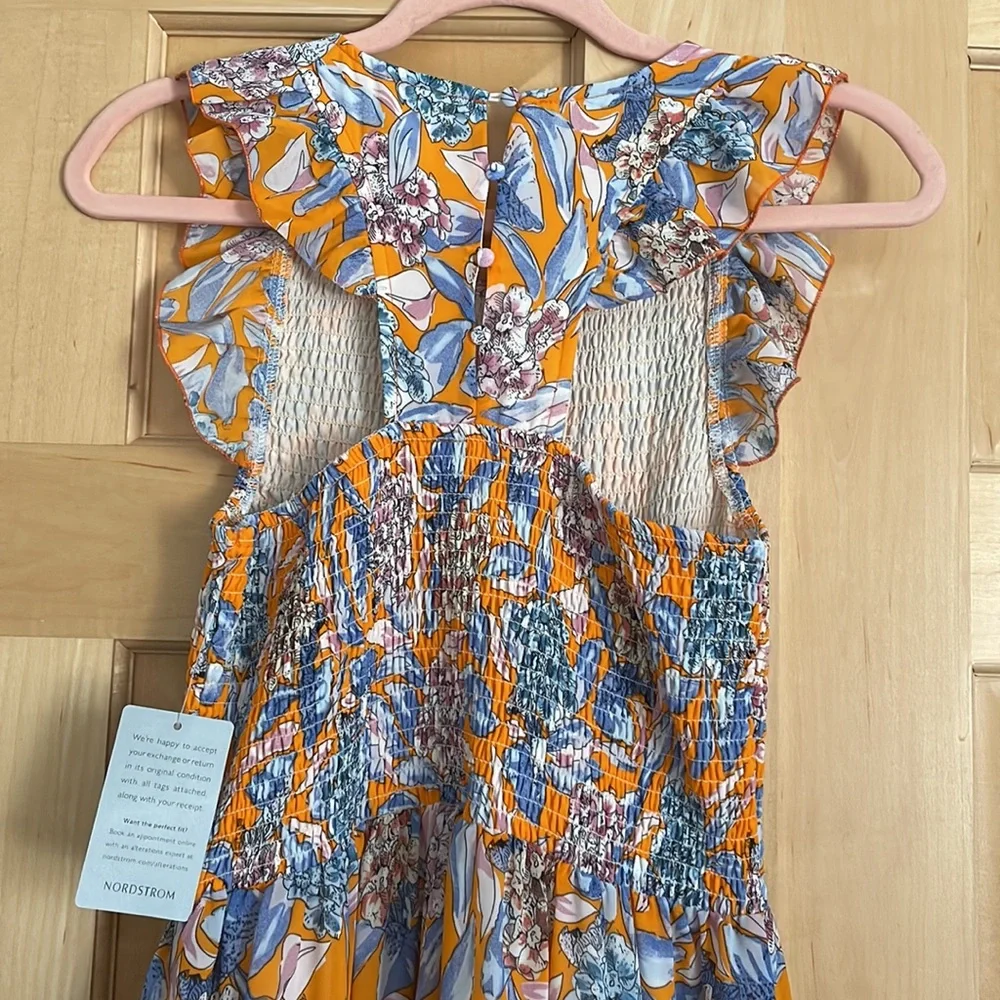 NWT Melloday Orange Tropical Smocked Bodice Ruffle Dress with Pockets in Size S - Picture 5 of 5